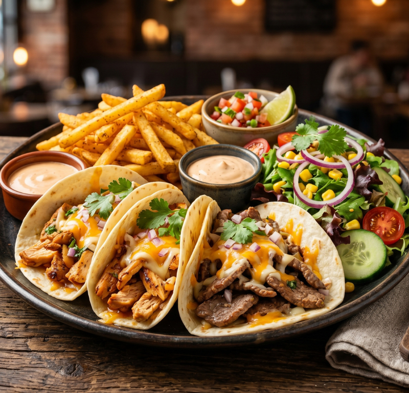 Tacos Poulet oder Kalbsgeschnetzeltes Teller
